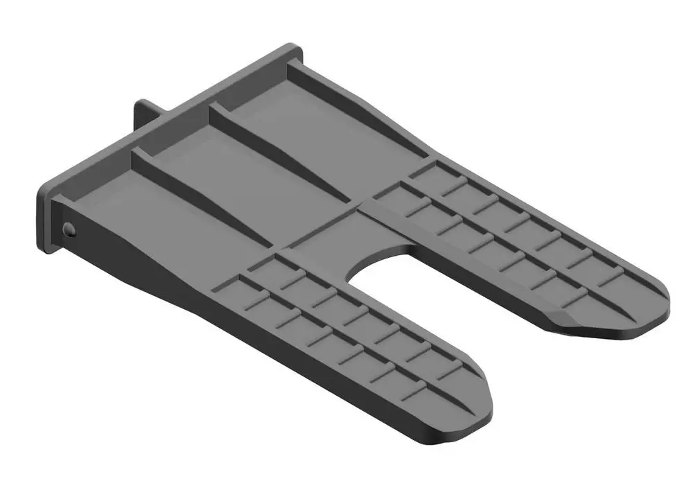 Graue, flache Halterung mit zwei vertikalen Zinken und rutschfesten Oberflächenstrukturen. Bosch-Produkt zur mechanischen Verriegelung, geeignet für verschiedene Anwendungen.